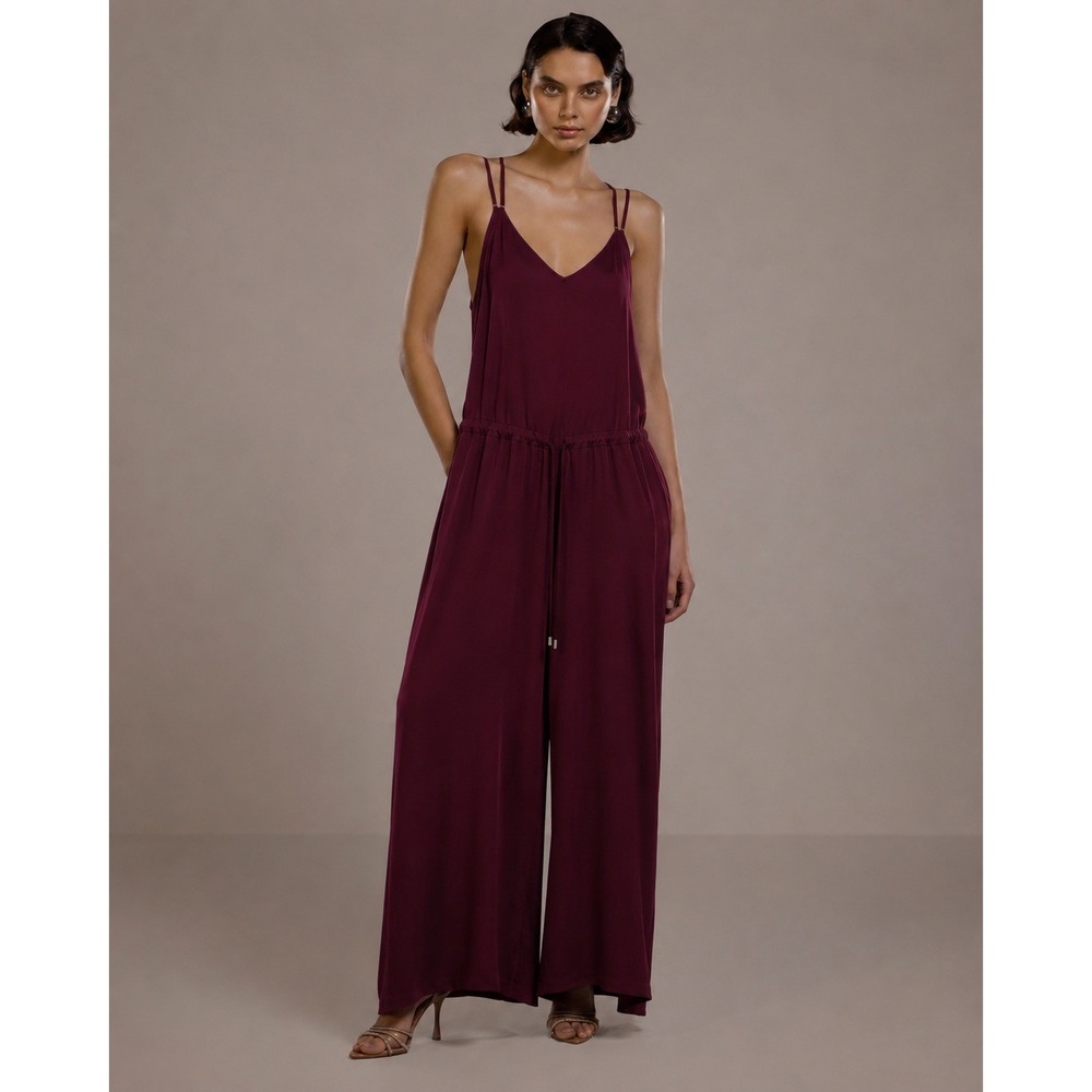 Bishop + Young Burgundy Satin Wide Leg Jumpsuit V-Neck Open Back Sz:Small NWOT